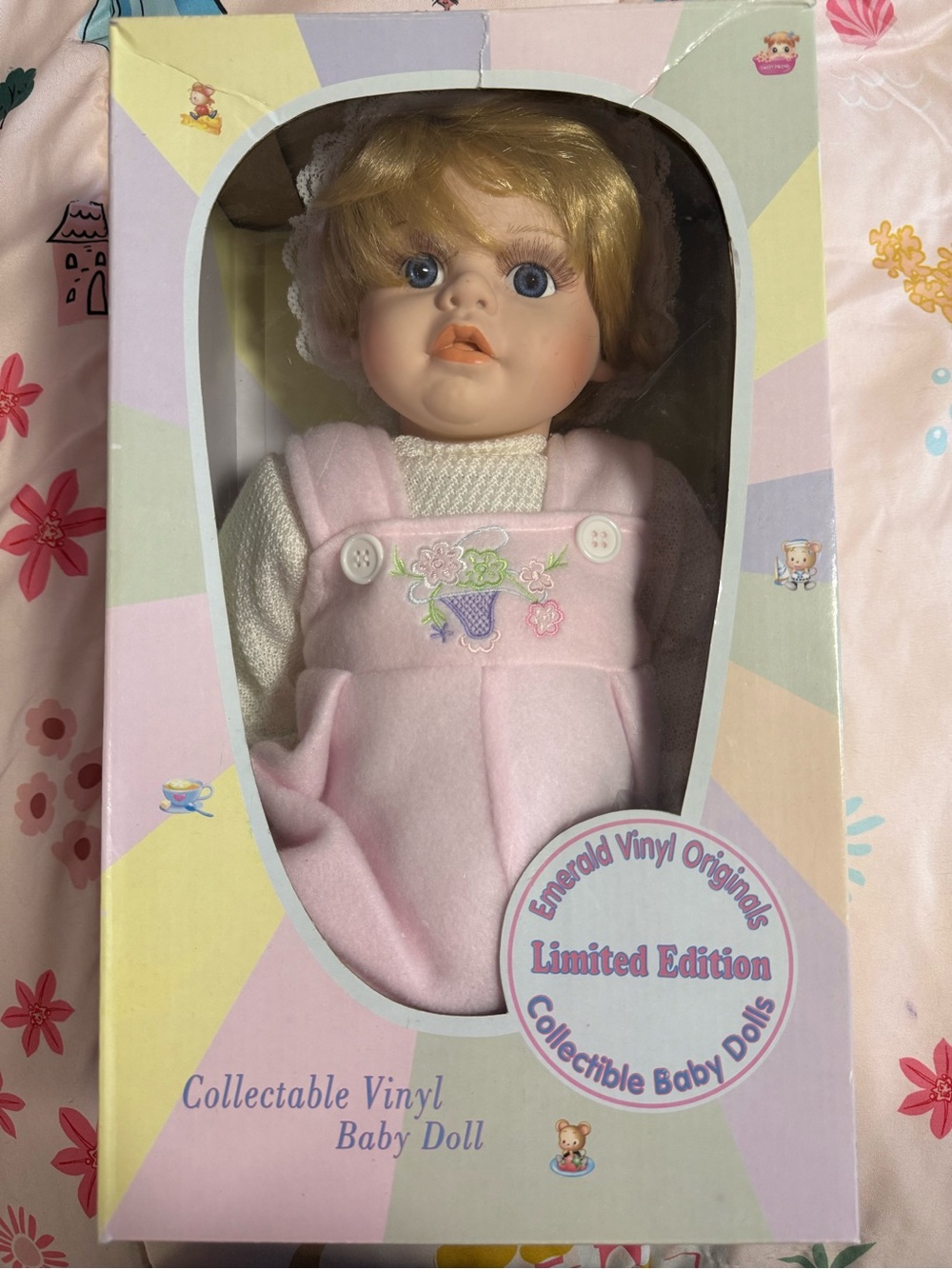 Pink Collectible Vinyl Baby Doll in Pink Overalls - Picture 3 of 3